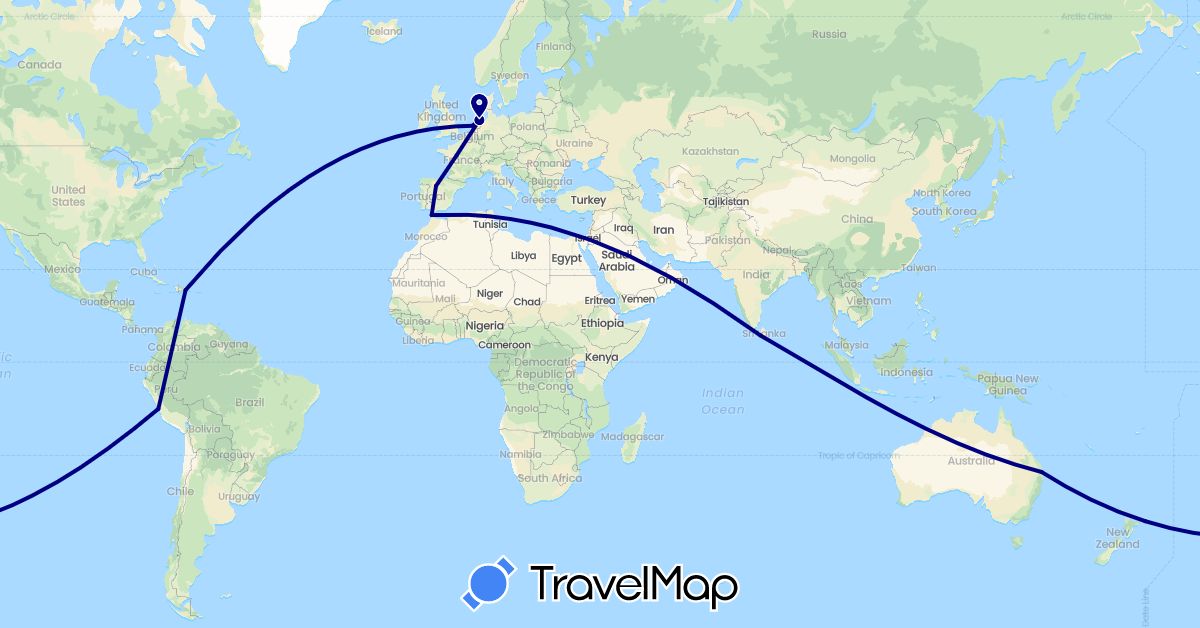 TravelMap itinerary: driving in Australia, Dominican Republic, Spain, France, Sri Lanka, Morocco, Netherlands, Peru (Africa, Asia, Europe, North America, Oceania, South America)